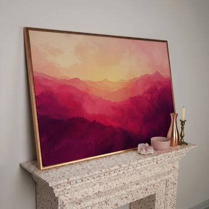 Pink Mountain Landscape Canvas Print with Hazy Horizon in rose gold floating frame