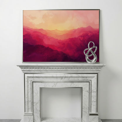 Pink Mountain Landscape Canvas Print with Hazy Horizon in silver floating frame