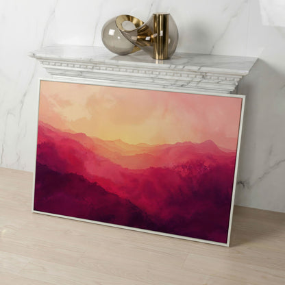 Pink Mountain Landscape Canvas Print with Hazy Horizon in white floating frame