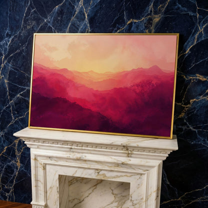 Pink Mountain Landscape Canvas Print with Hazy Horizon in yellow gold floating frame