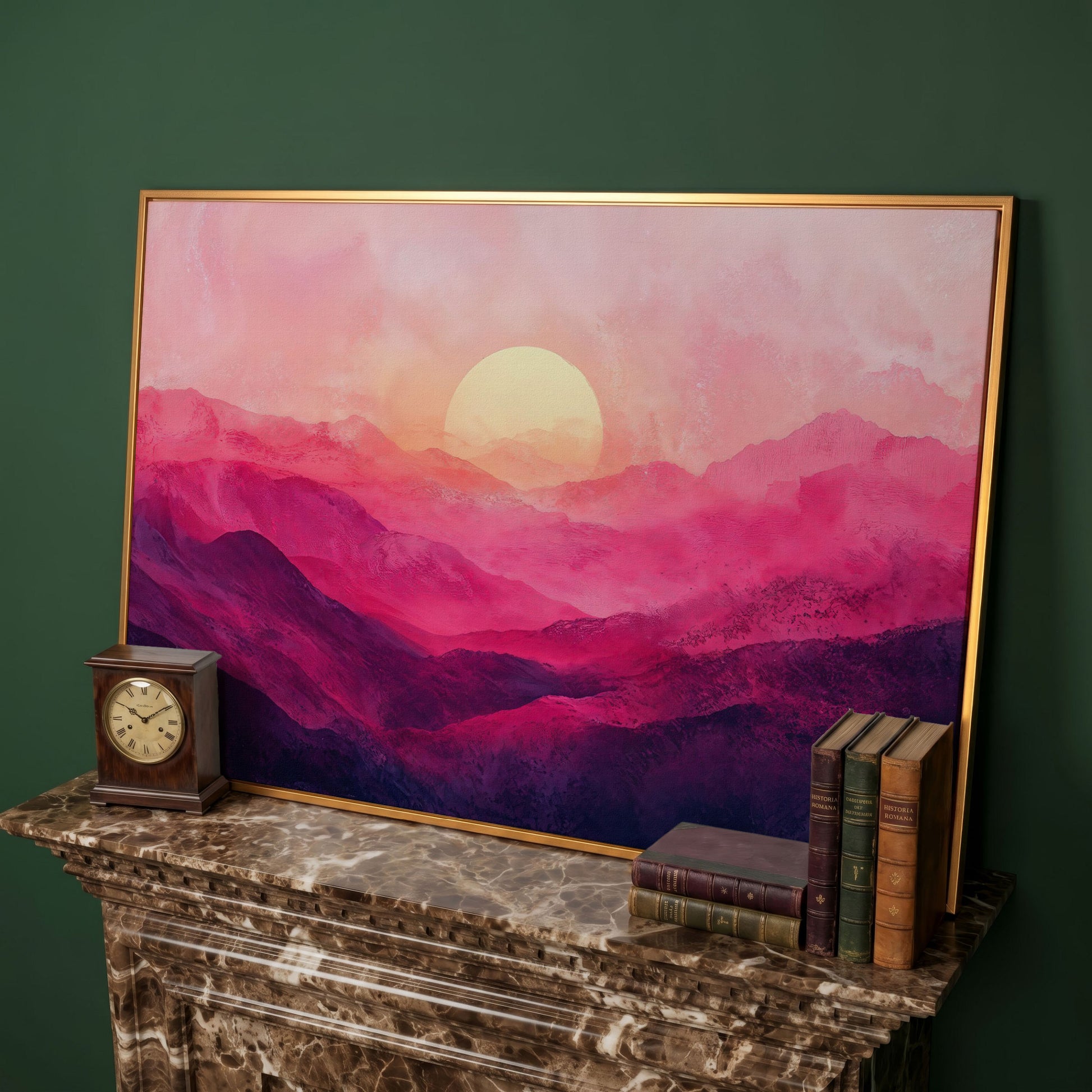 Pink Sunset Landscape Canvas in antique gold floating frame