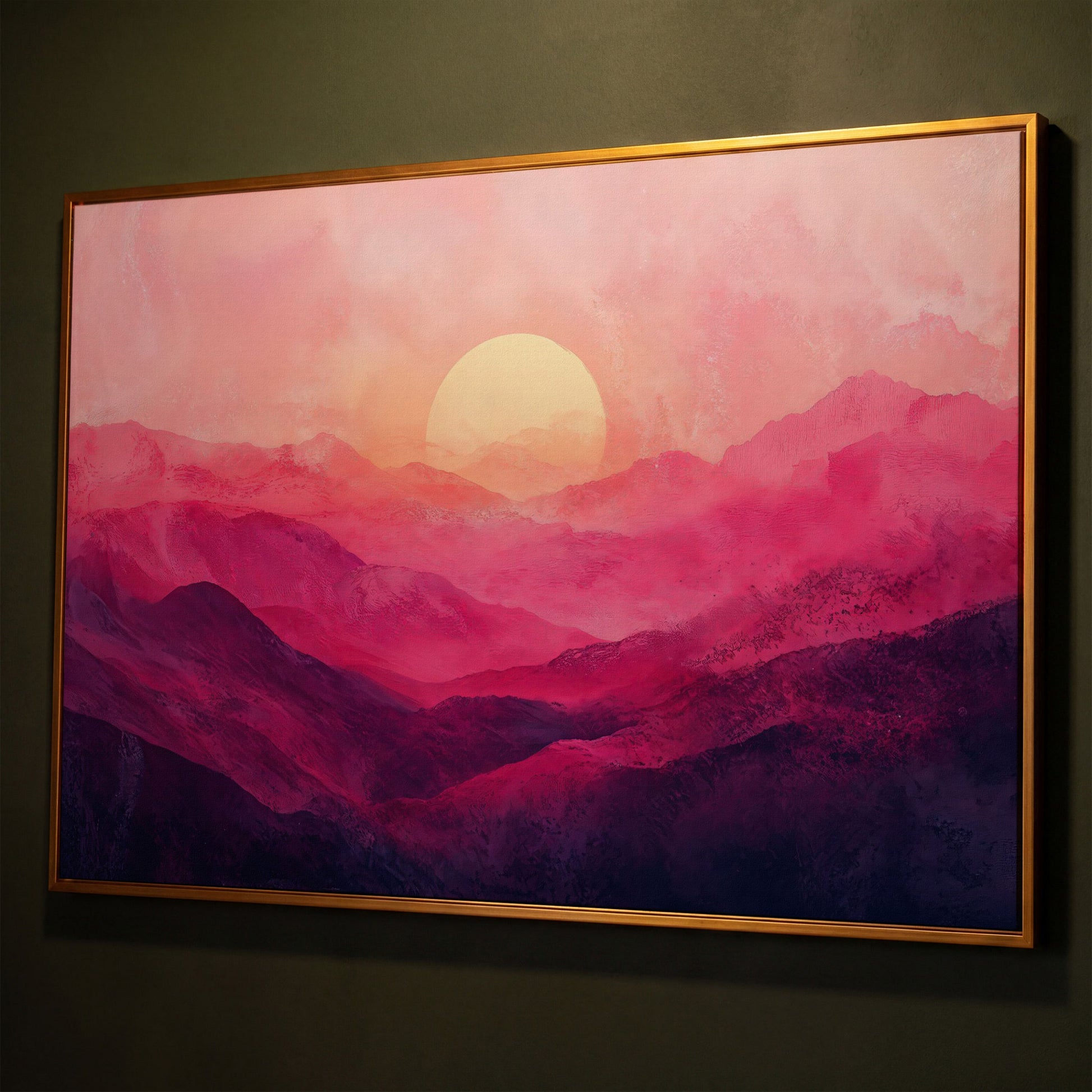 Pink Sunset Landscape Canvas shown in antique gold floating frame
