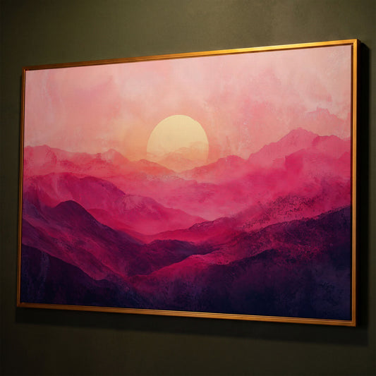 Pink Sunset Landscape Canvas shown in antique gold floating frame