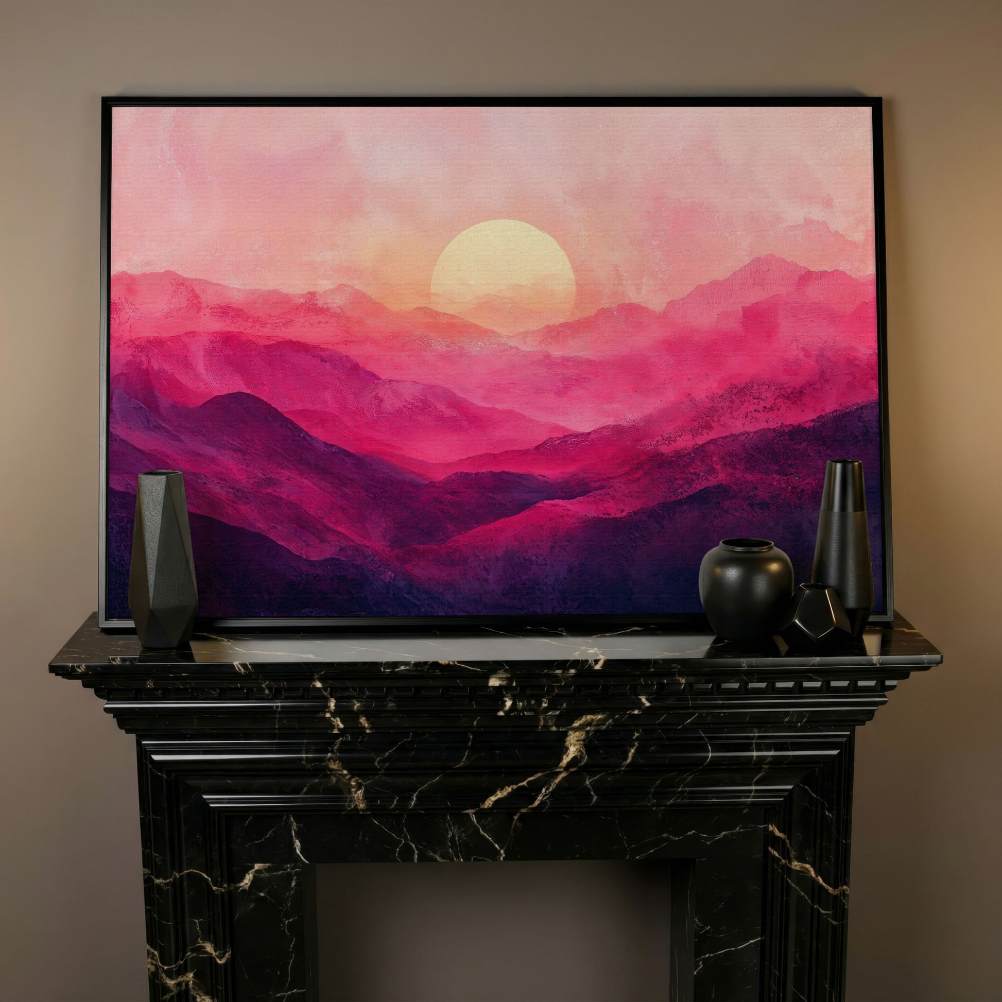 Pink Sunset Landscape Canvas in black floating frame