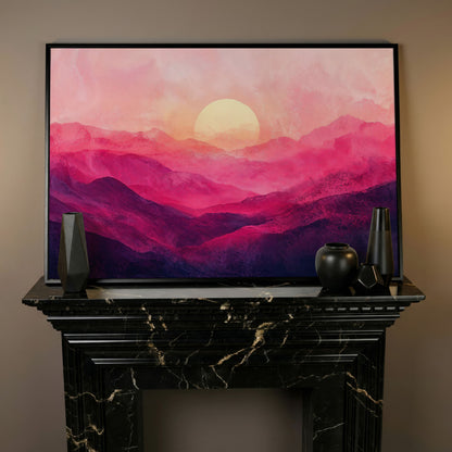 Pink Sunset Landscape Canvas in black floating frame