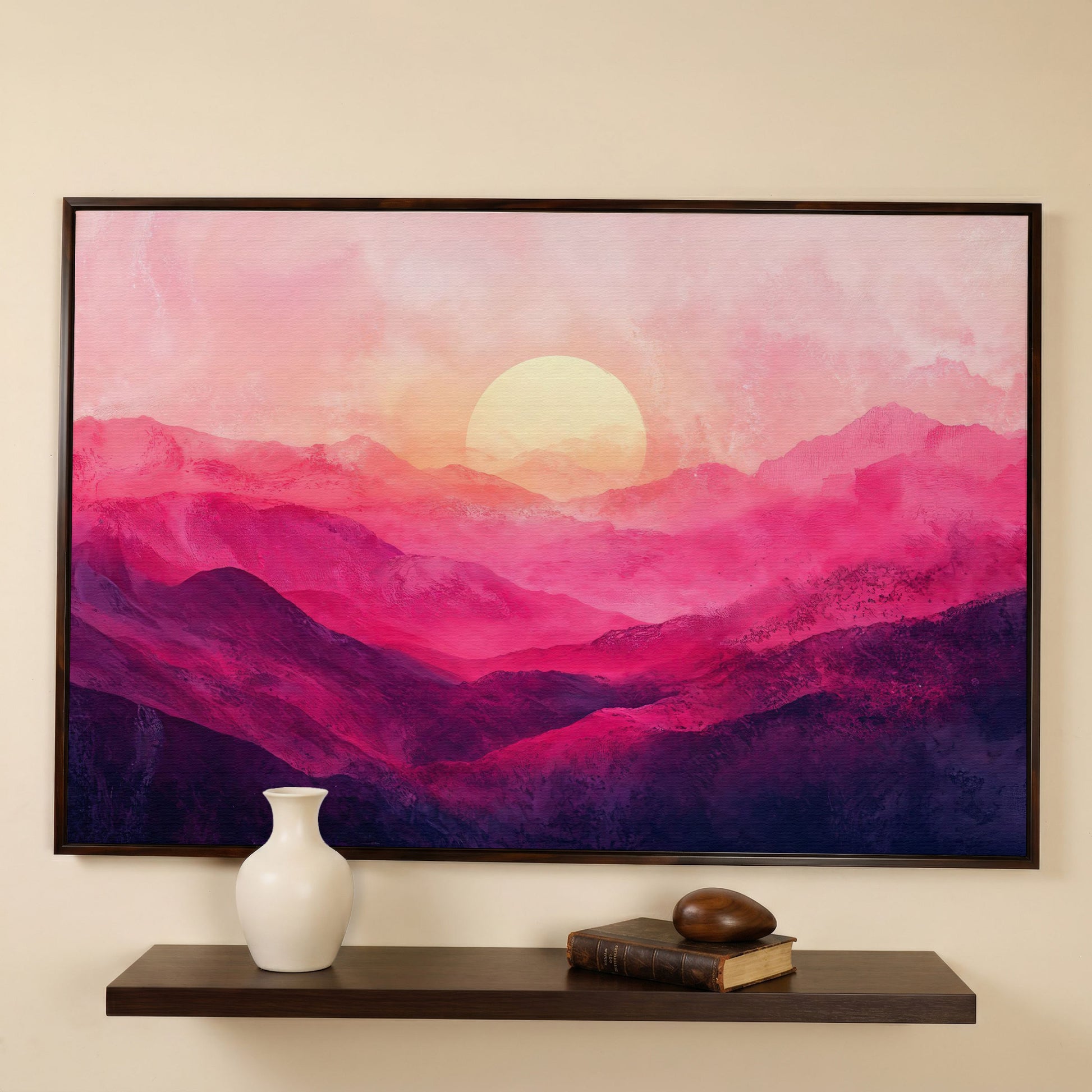 Pink Sunset Landscape Canvas in dark walnut floating frame