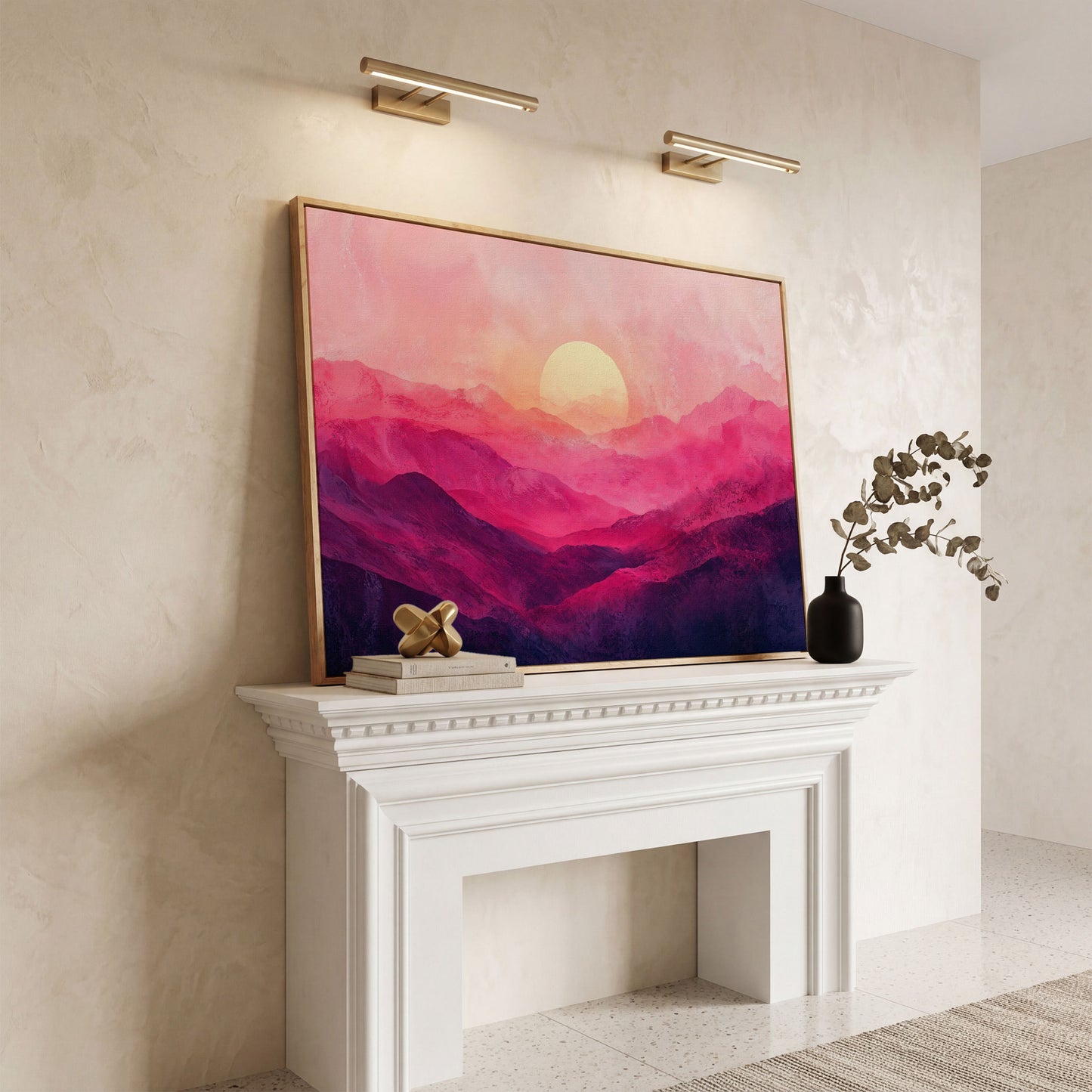 Pink Sunset Landscape Canvas in white oak floating frame