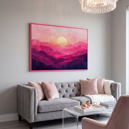 Pink Sunset Landscape Canvas in pink floating frame