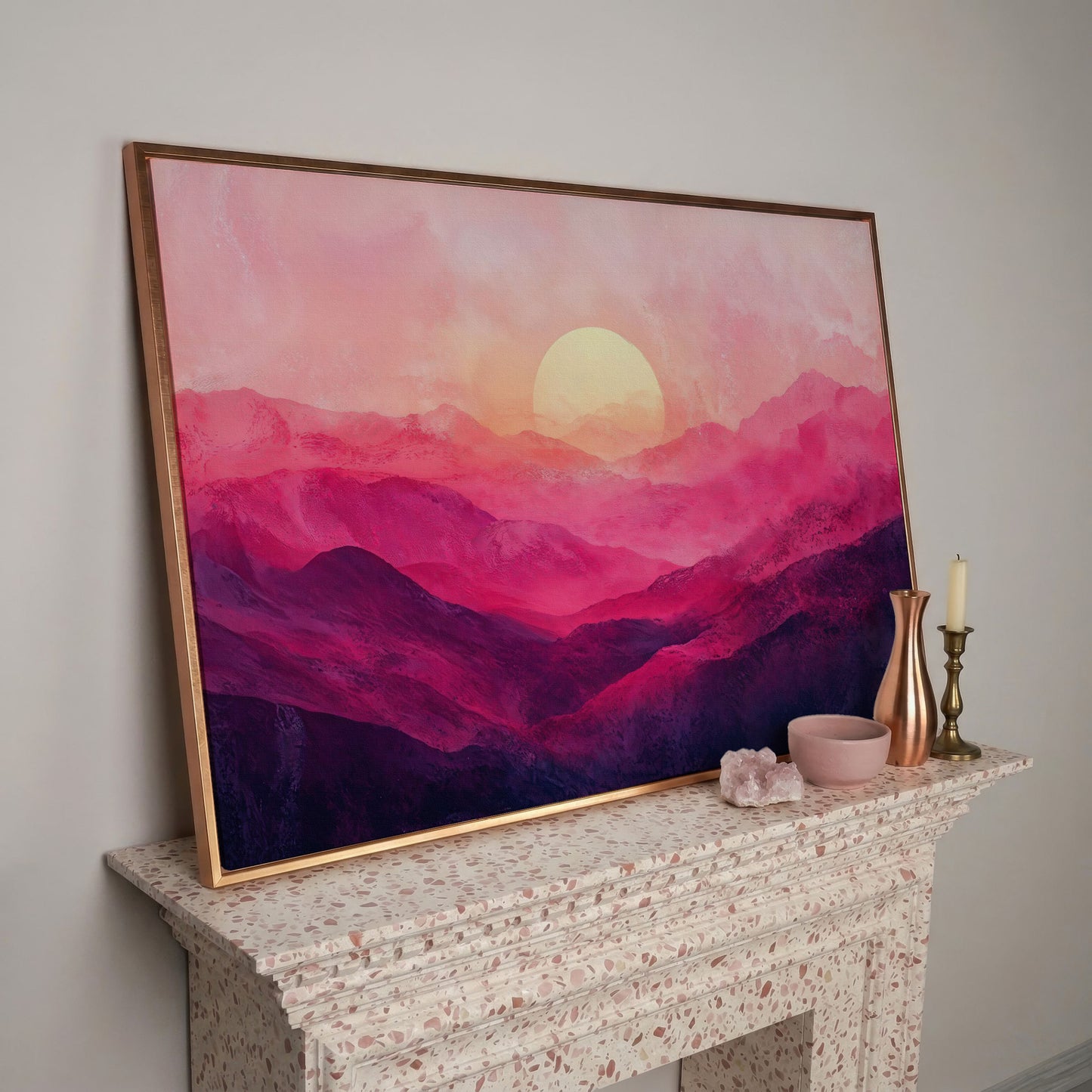 Pink Sunset Landscape Canvas in rose gold floating frame
