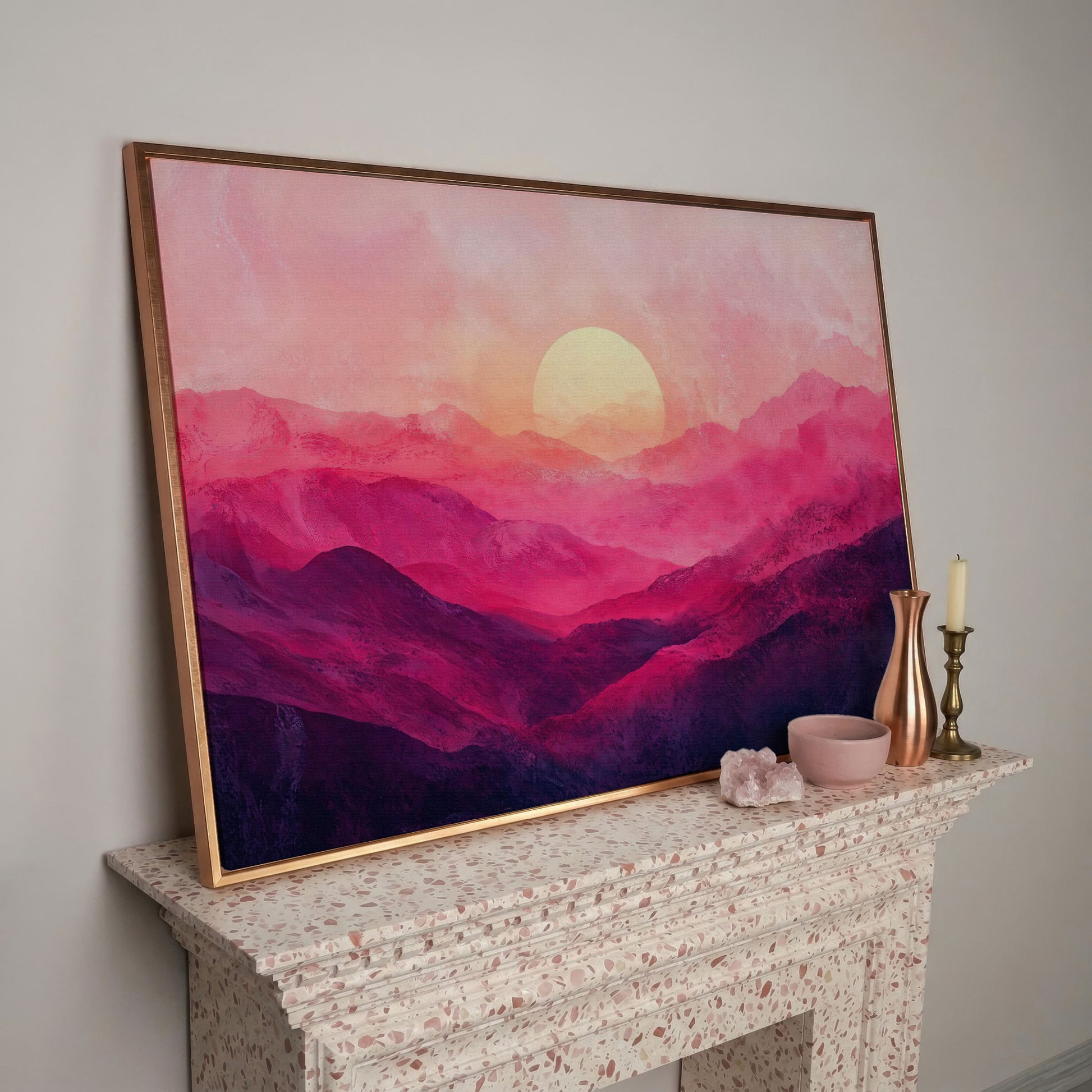 Pink Sunset Landscape Canvas in rose gold floating frame