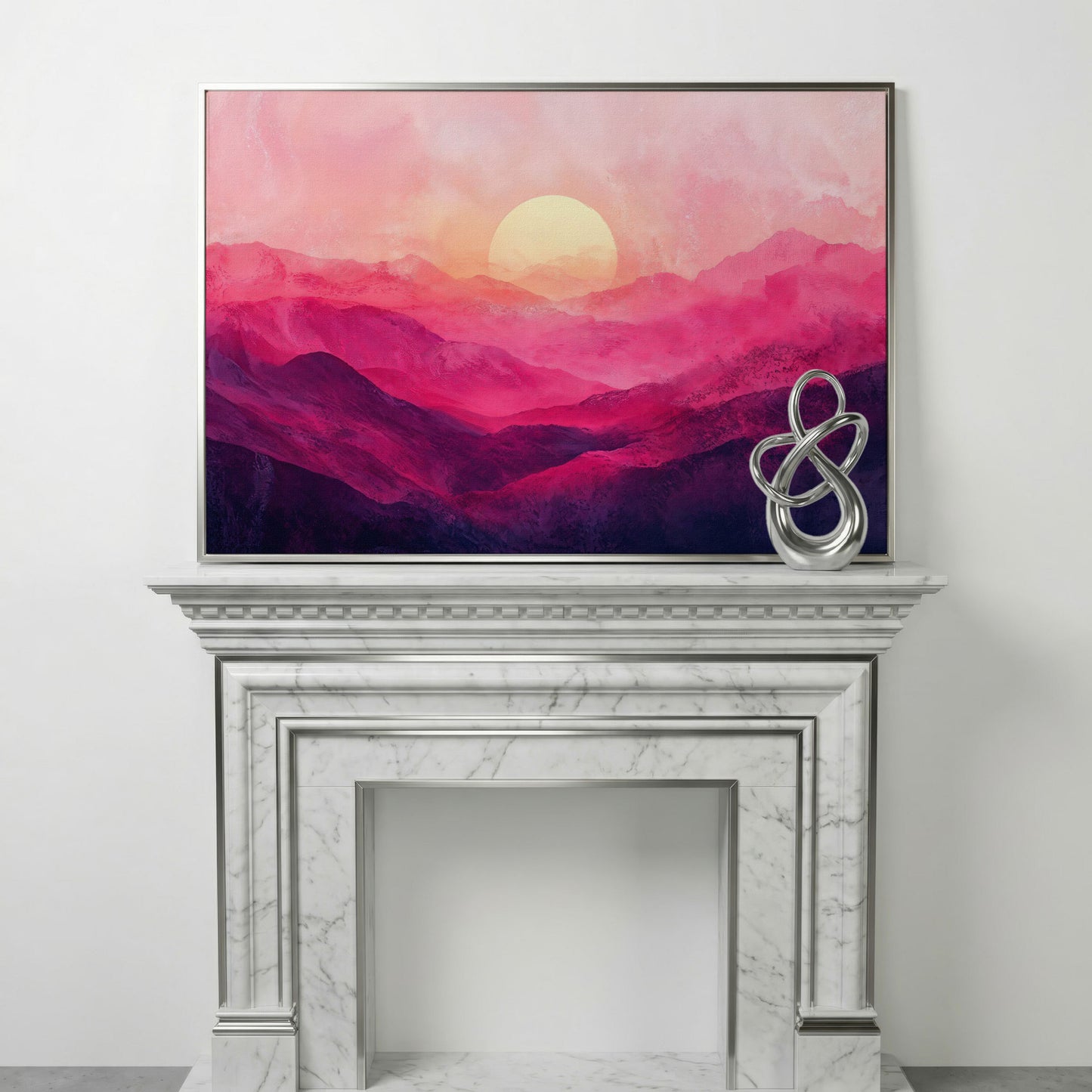 Pink Sunset Landscape Canvas in silver floating frame