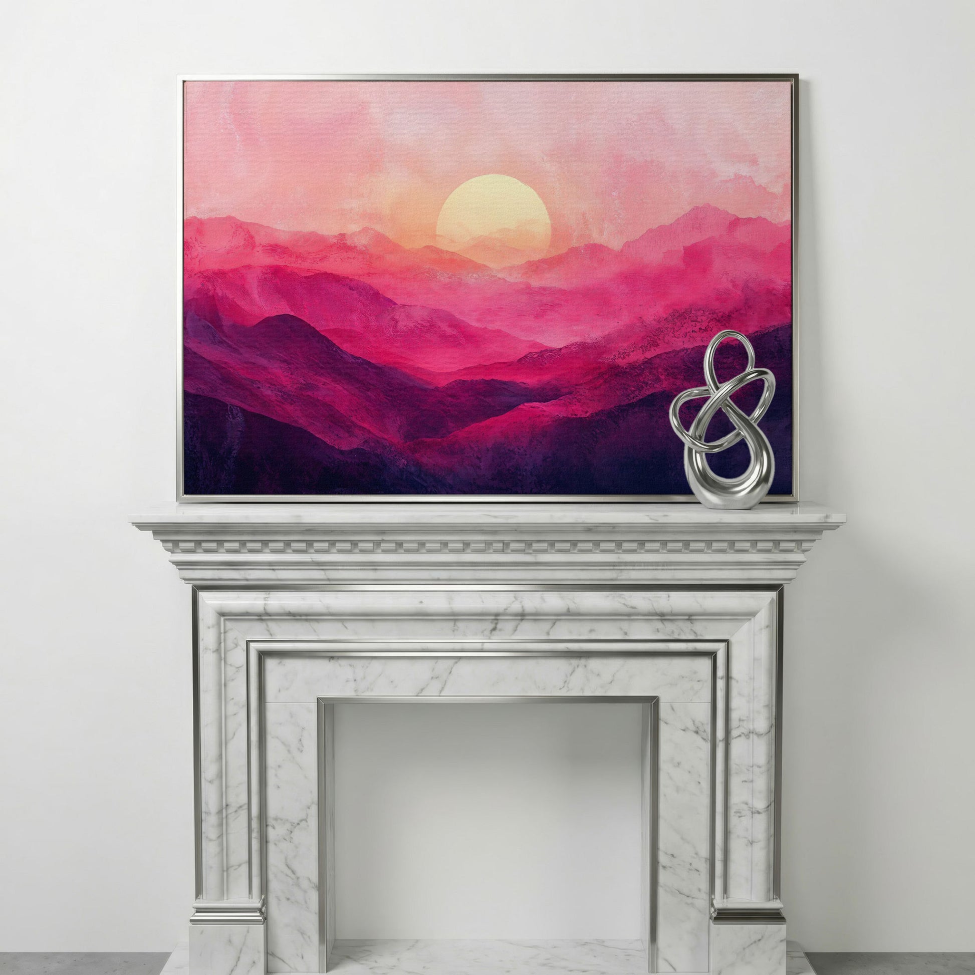 Pink Sunset Landscape Canvas in silver floating frame