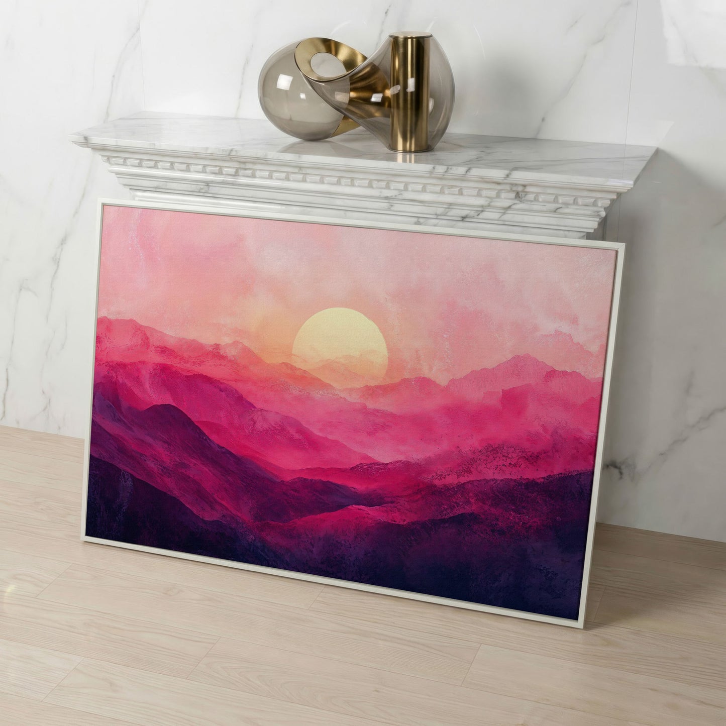 Pink Sunset Landscape Canvas in white floating frame