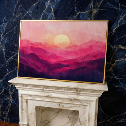 Pink Sunset Landscape Canvas in yellow gold floating frame