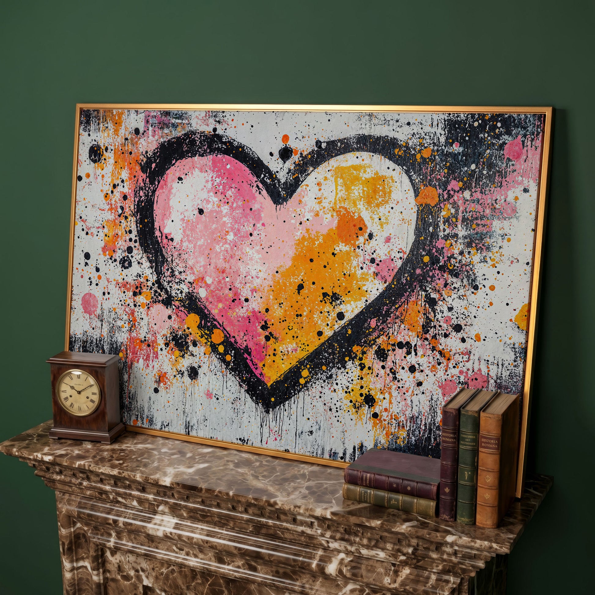 Pink & Orange Splatter Heart Canvas in antique gold floating frame