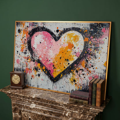 Pink & Orange Splatter Heart Canvas in antique gold floating frame
