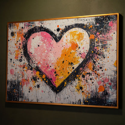 Pink & Orange Splatter Heart Canvas shown in antique gold floating frame