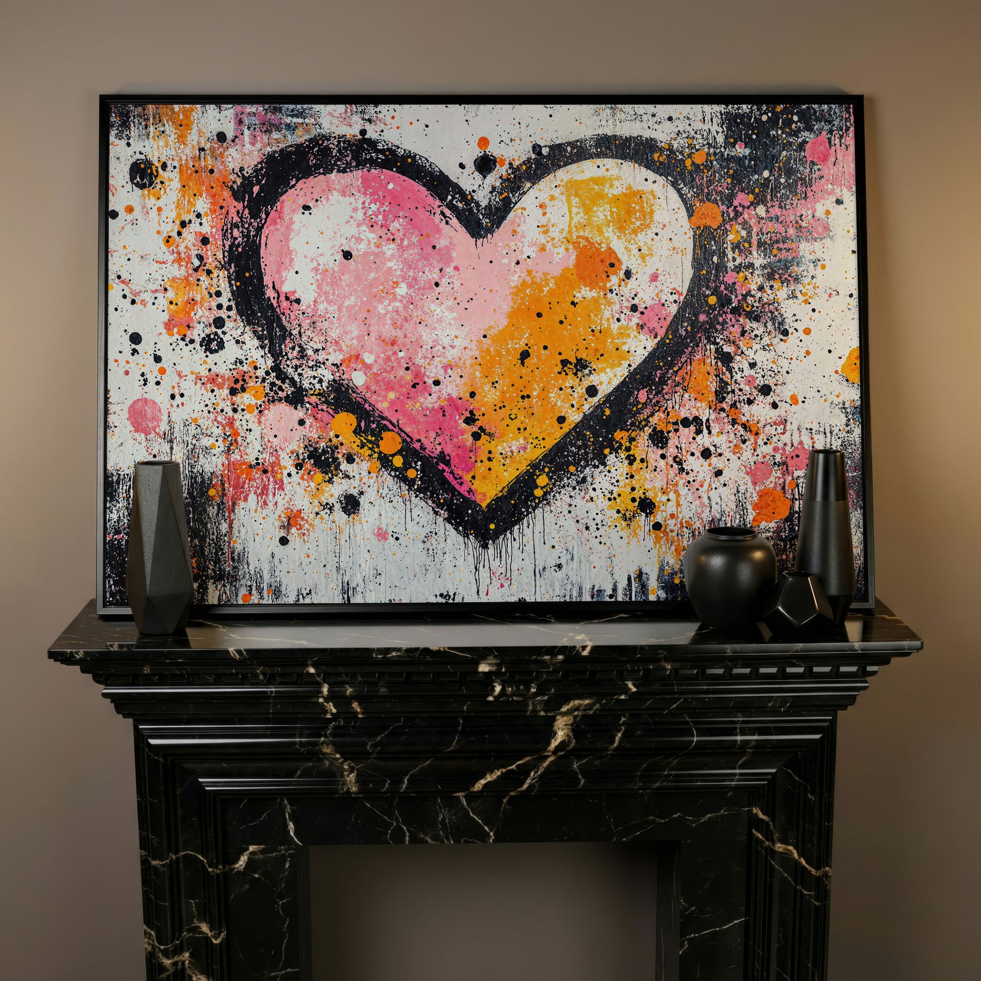 Pink & Orange Splatter Heart Canvas in black floating frame
