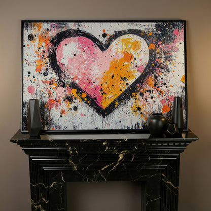 Pink & Orange Splatter Heart Canvas in black floating frame