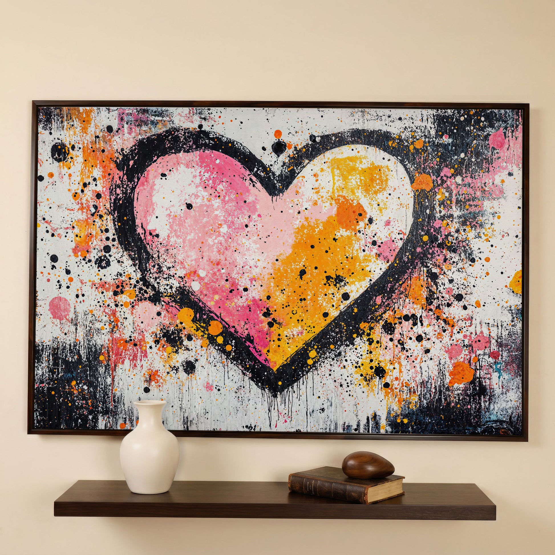 Pink & Orange Splatter Heart Canvas in dark walnut floating frame