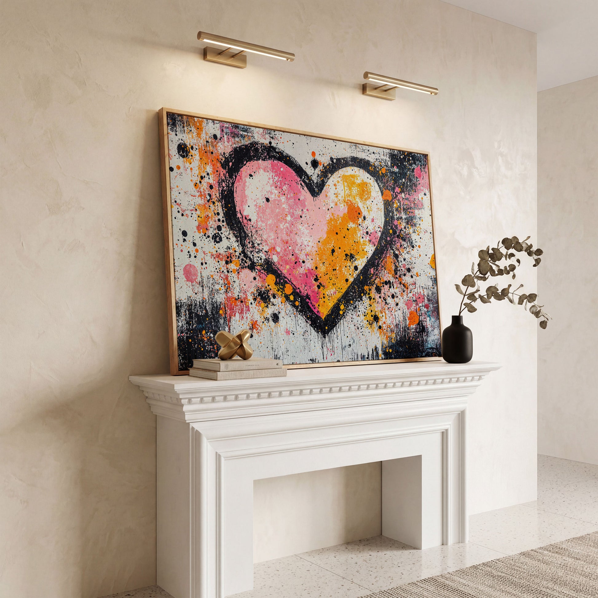 Pink & Orange Splatter Heart Canvas in white oak floating frame
