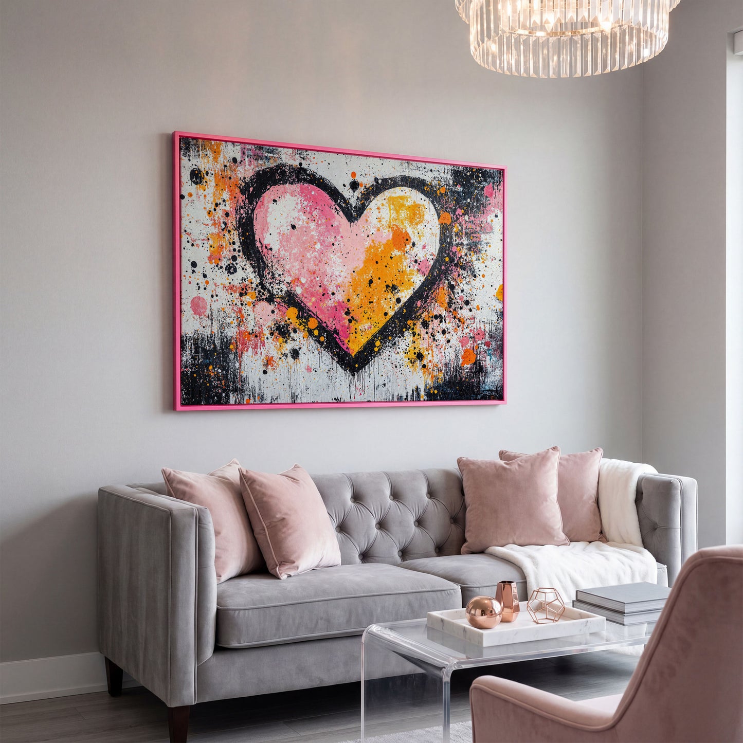 Pink & Orange Splatter Heart Canvas in pink floating frame