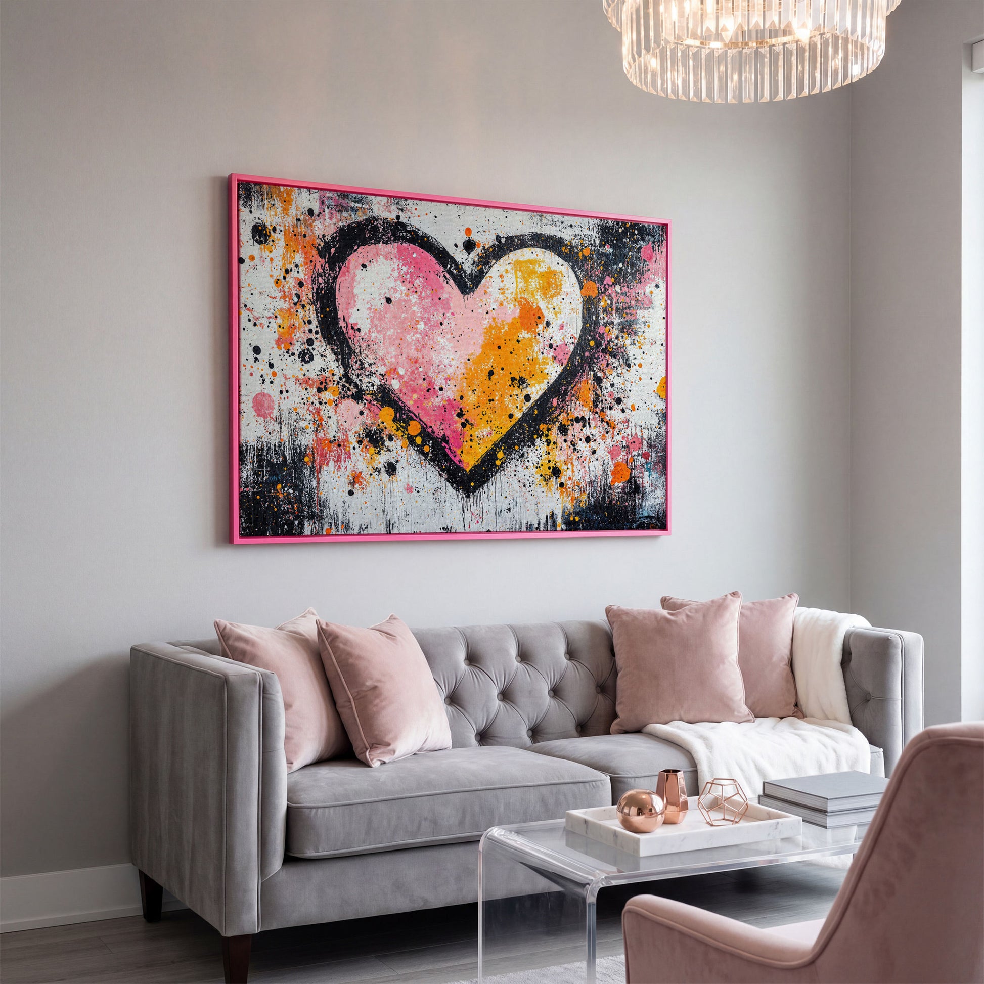 Pink & Orange Splatter Heart Canvas in pink floating frame