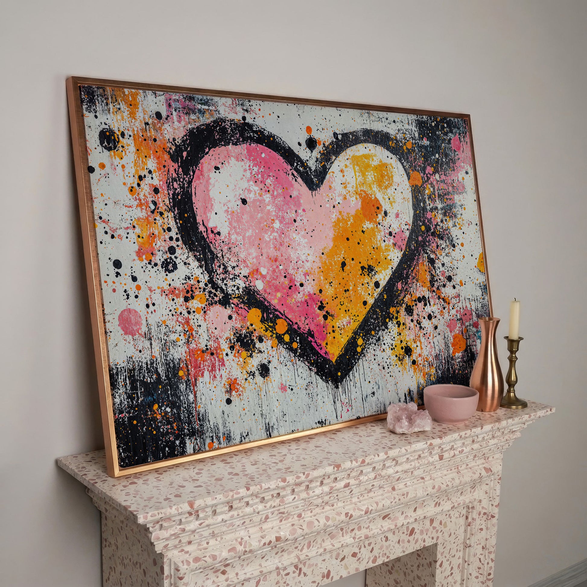 Pink & Orange Splatter Heart Canvas in rose gold floating frame