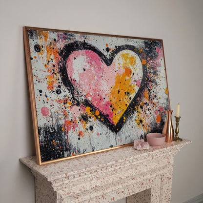 Pink & Orange Splatter Heart Canvas in rose gold floating frame