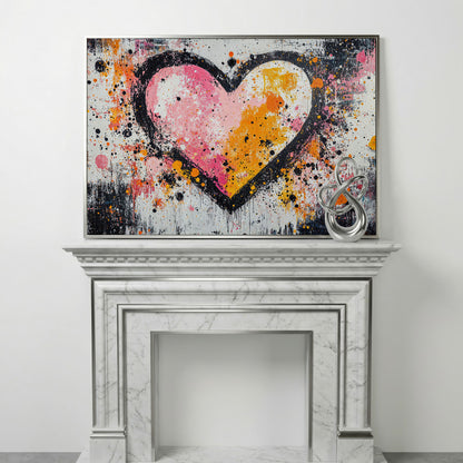 Pink & Orange Splatter Heart Canvas in silver floating frame