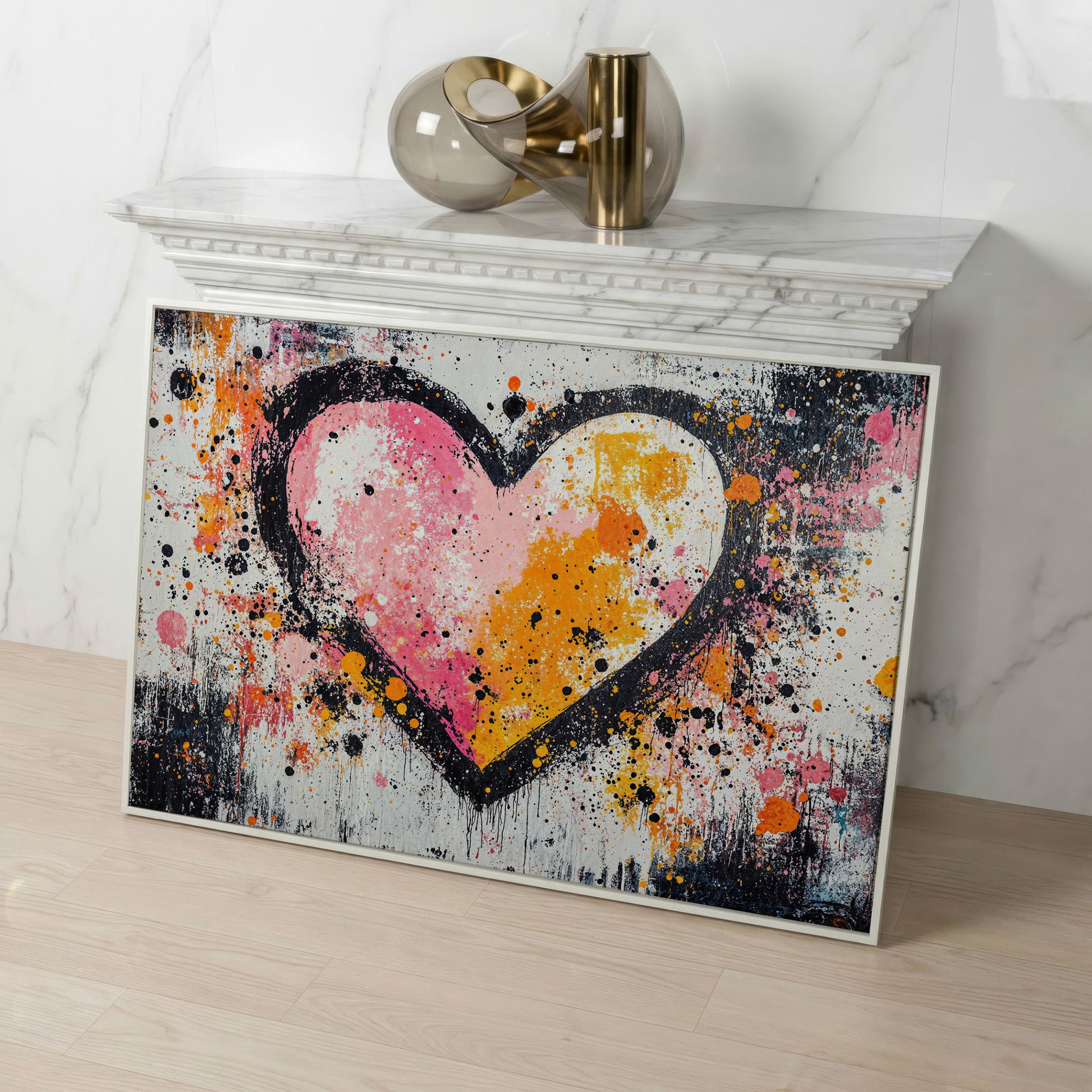 Pink & Orange Splatter Heart Canvas in white floating frame