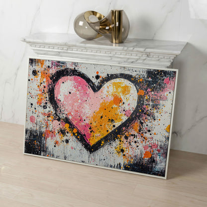 Pink & Orange Splatter Heart Canvas in white floating frame