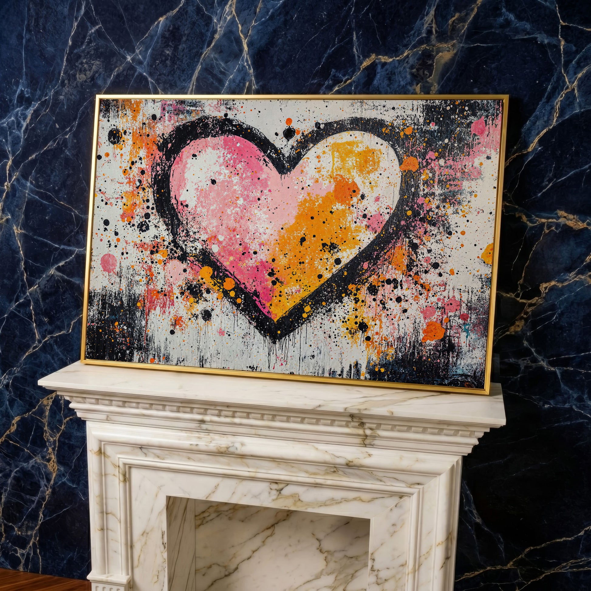 Pink & Orange Splatter Heart Canvas in yellow gold floating frame
