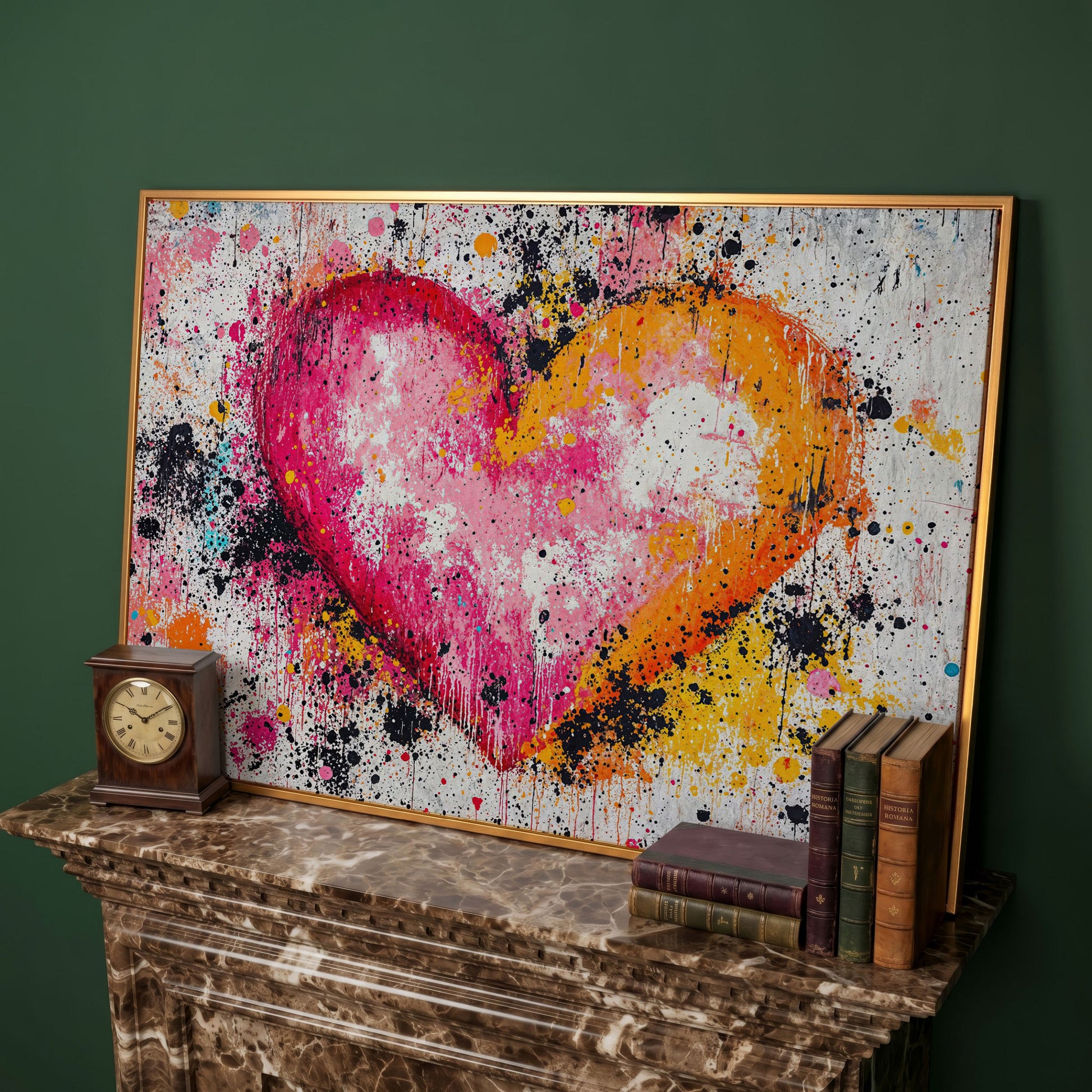 Vibrant Heart Splatter Canvas in antique gold floating frame