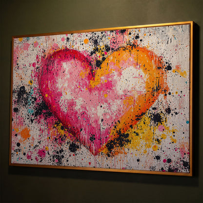 Vibrant Heart Splatter Canvas shown in antique gold floating frame