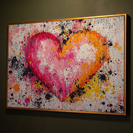Vibrant Heart Splatter Canvas shown in antique gold floating frame