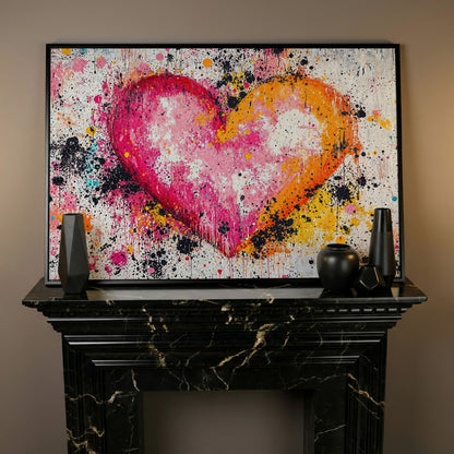 Vibrant Heart Splatter Canvas in black floating frame