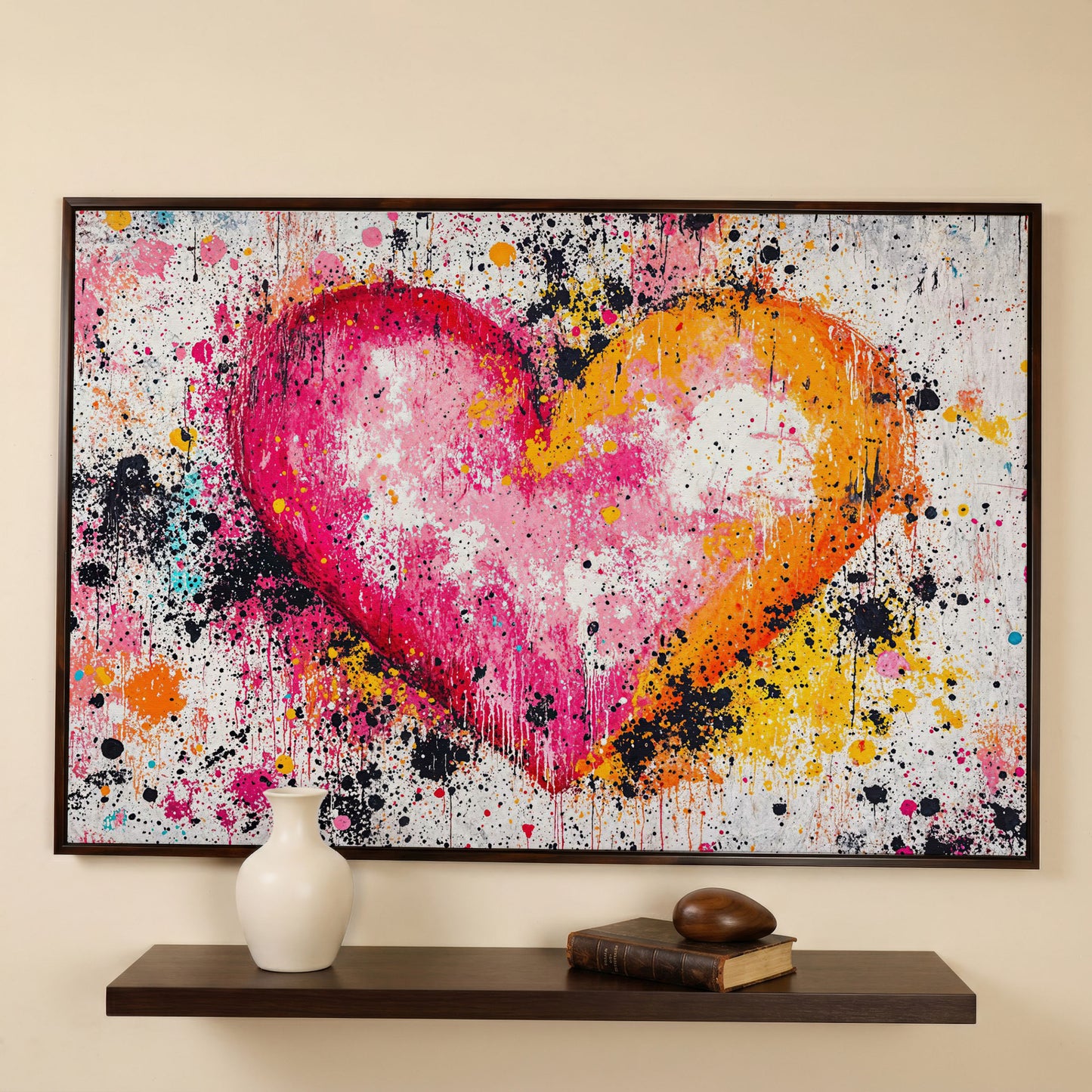 Vibrant Heart Splatter Canvas in dark walnut floating frame