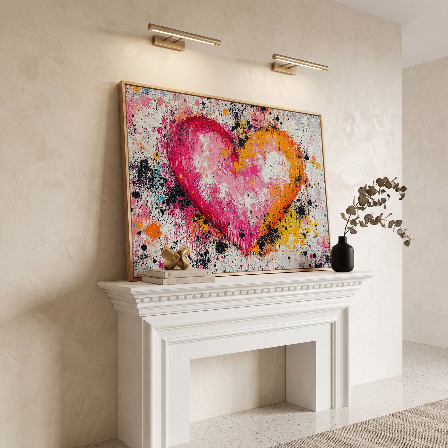 Vibrant Heart Splatter Canvas in white oak floating frame
