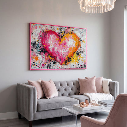 Vibrant Heart Splatter Canvas in pink floating frame