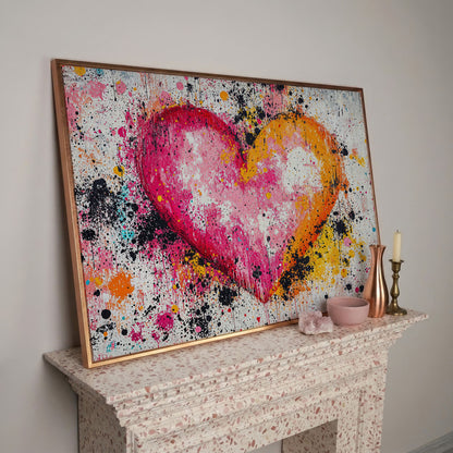 Vibrant Heart Splatter Canvas in rose gold floating frame