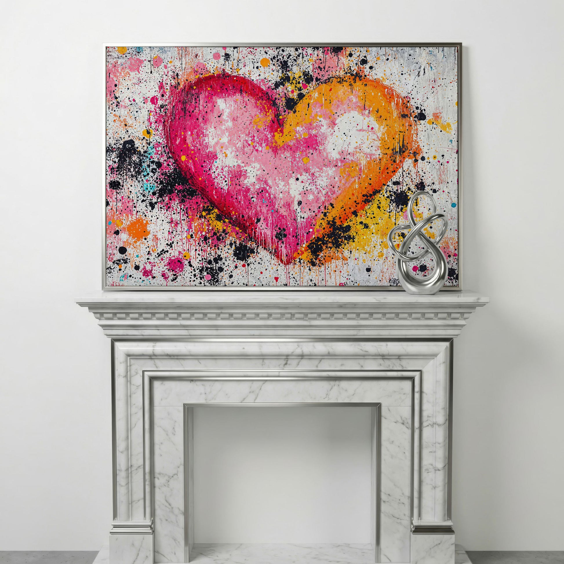 Vibrant Heart Splatter Canvas in silver floating frame