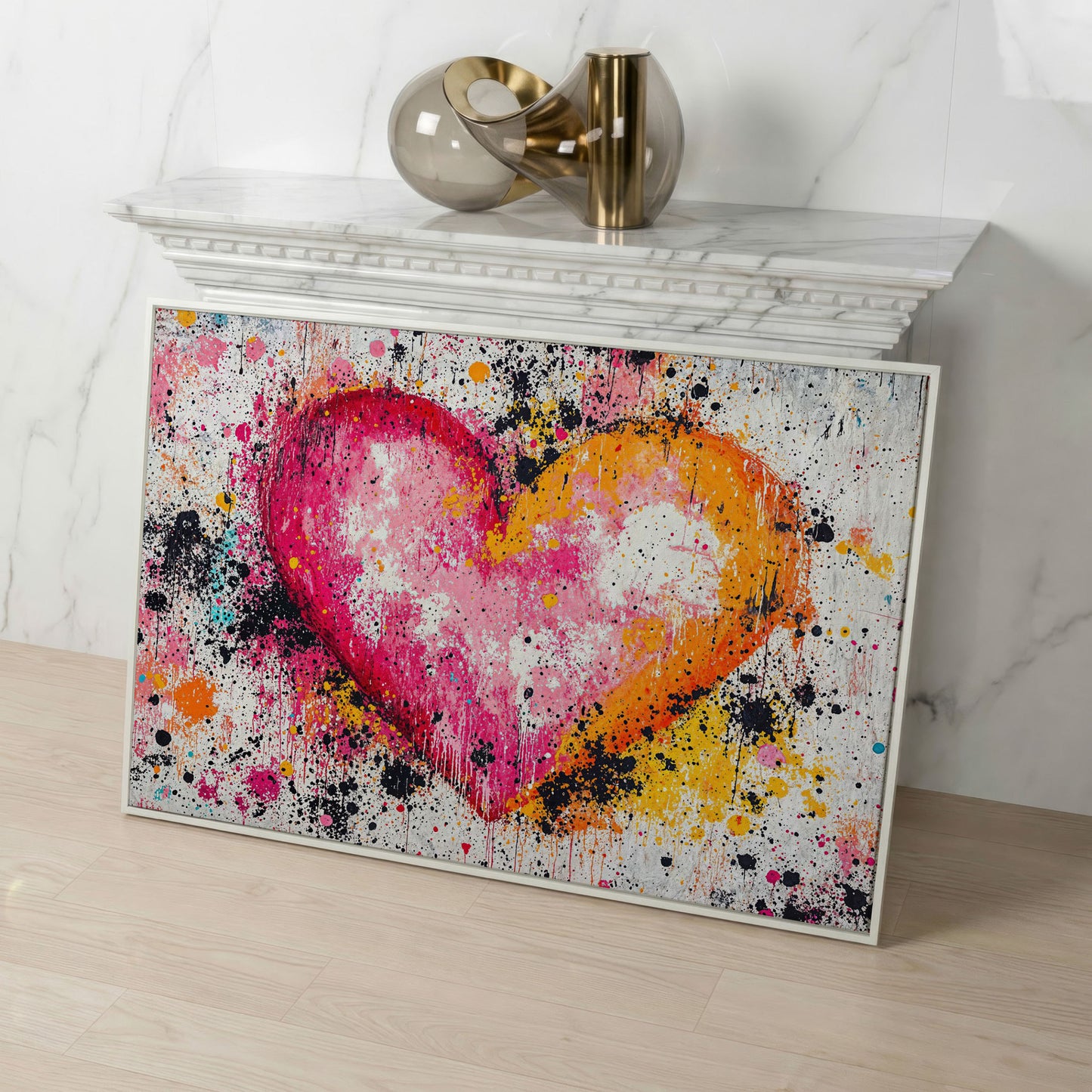 Vibrant Heart Splatter Canvas in white floating frame