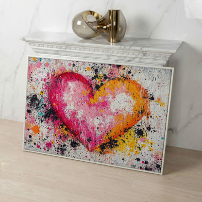 Vibrant Heart Splatter Canvas in white floating frame