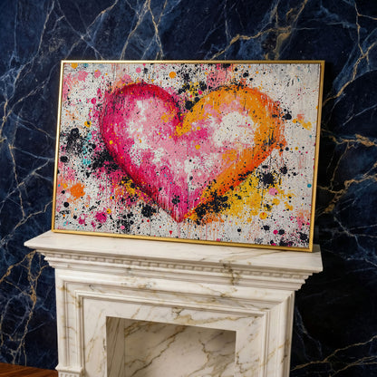 Vibrant Heart Splatter Canvas in yellow gold floating frame