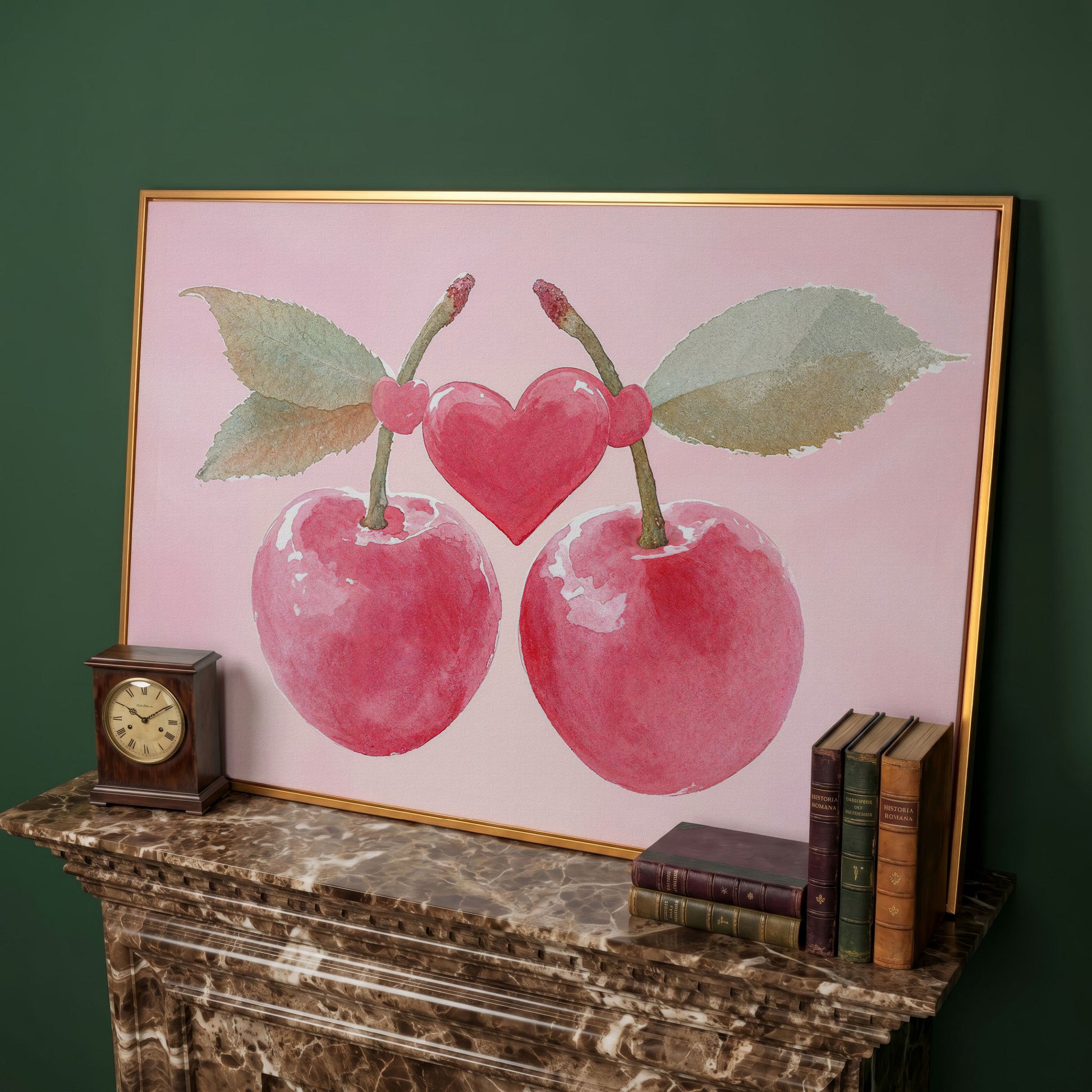 Cherry Heart Canvas Print in Watercolor Pink in antique gold floating frame