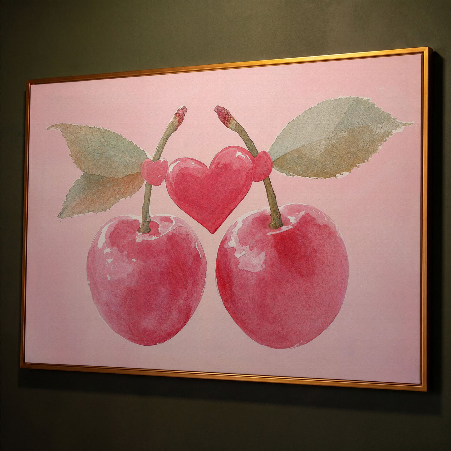 Cherry Heart Canvas Print in Watercolor Pink shown in antique gold floating frame