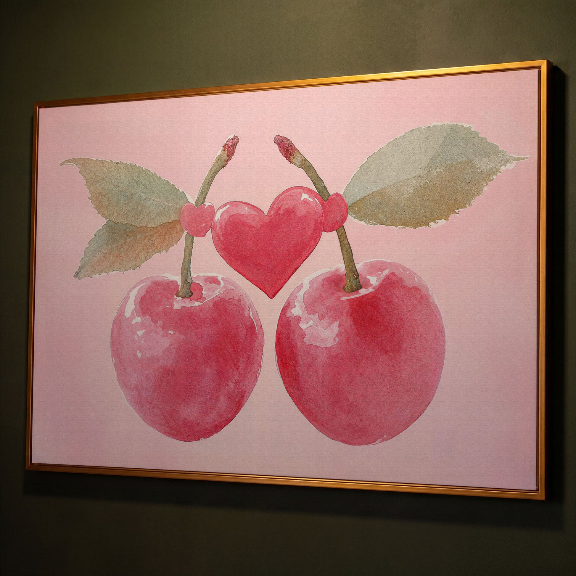 Cherry Heart Canvas Print in Watercolor Pink shown in antique gold floating frame