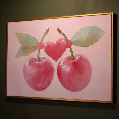 Cherry Heart Canvas Print in Watercolor Pink shown in antique gold floating frame