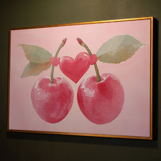 Cherry Heart Canvas Print in Watercolor Pink shown in antique gold floating frame